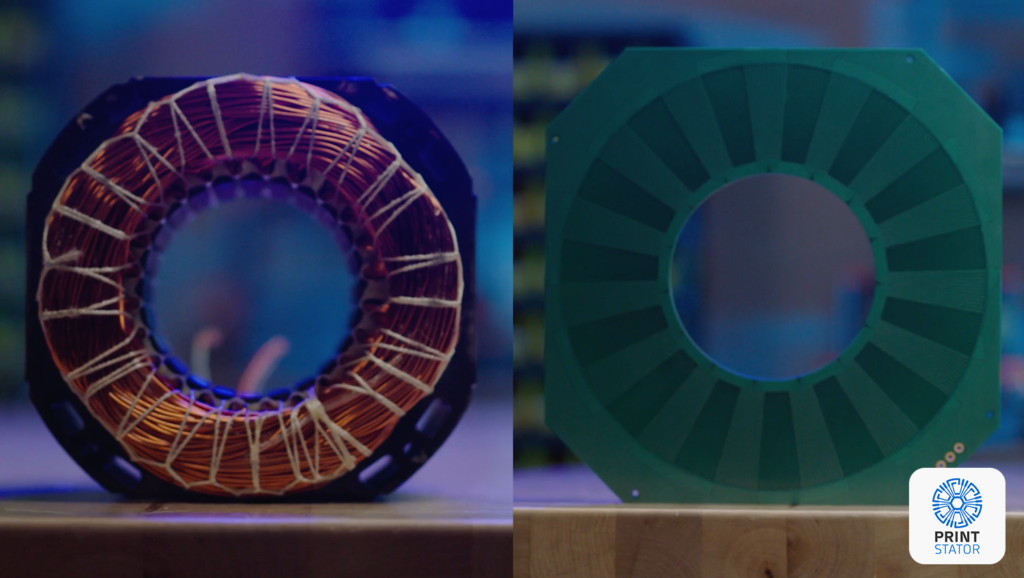 Image of a PCB Stator vs a traditional copper wound stator 