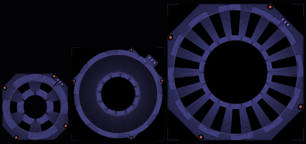 An image of the upper layer Gerber File for three differing stators.