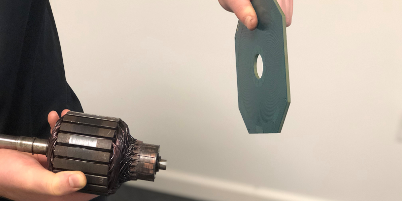 An image of a PCB Stator compared to a conventional copper wound stator. The significant differences in form factor are clear.
