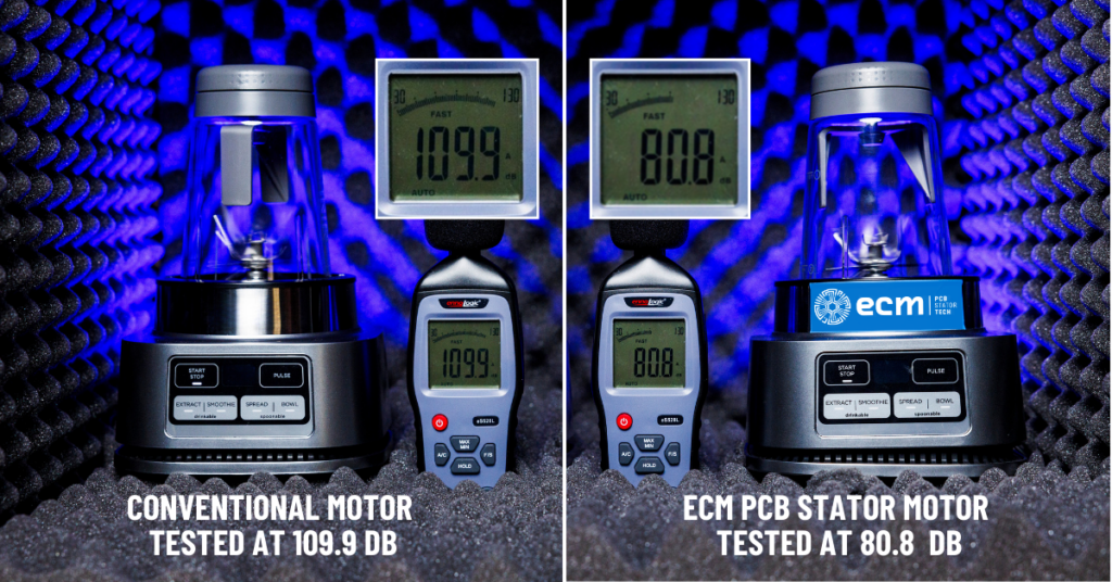ECM PCB Stator Motor dB noise test vs Conventional Motor sees 29dB noise saving! 