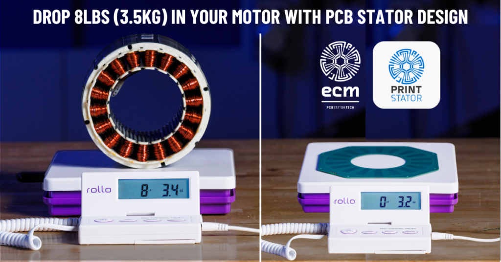 Conventional 1 hp copper-wound stator on a scale compared with a 1 hp ECM PCB Stator, showcasing a significant 97% reduction in weight, totalling 8 lbs. 